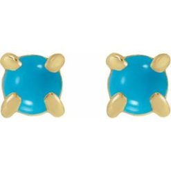 88230 / Earring / Set / Natural Turquoise / Round / 2.5 Mm / 14K Yellow / Each / Tension Back Included / 6 Mm / Polished / Cabochon Natural Turquoise 4-Claw Prong Earring