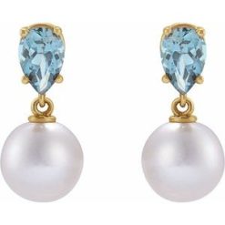 88438 / Earring / Set / 14K Yellow / Pearl / 7 Mm / Cultured White Akoya Pearl / Pear / 6X4 Mm / Natural Aquamarine / Pair / Friction Backs Included / Polished / Cultured White Akoya Pearl And Natural Aquamarine Pear Shape Earrings