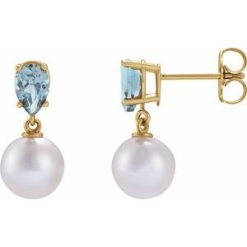 88438 / Earring / Set / 14K Yellow / Pearl / 7 Mm / Cultured White Akoya Pearl / Pear / 6X4 Mm / Natural Aquamarine / Pair / Friction Backs Included / Polished / Cultured White Akoya Pearl And Natural Aquamarine Pear Shape Earrings
