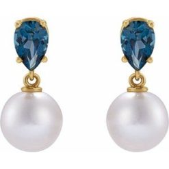 88438 / Earring / Set / 14K Yellow / Pearl / 7 Mm / Cultured White Akoya Pearl / Pear / 6X4 Mm / Natural London Blue Topaz / Pair / Friction Backs Included / Polished / Cultured White Akoya Pearl And Natural London Blue Topaz Pear Shape Earrings
