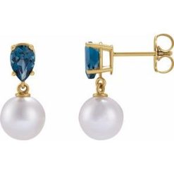 88438 / Earring / Set / 14K Yellow / Pearl / 7 Mm / Cultured White Akoya Pearl / Pear / 6X4 Mm / Natural London Blue Topaz / Pair / Friction Backs Included / Polished / Cultured White Akoya Pearl And Natural London Blue Topaz Pear Shape Earrings