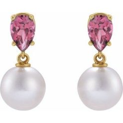 88438 / Earring / Set / 14K Yellow / Pearl / 7 Mm / Cultured White Akoya Pearl / Pear / 6X4 Mm / Natural Pink Tourmaline / Pair / Friction Backs Included / Polished / Cultured White Akoya Pearl And Natural Pink Tourmaline Pear Shape Earrings