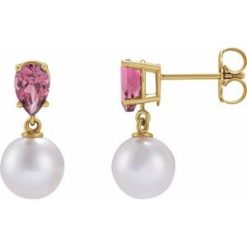 88438 / Earring / Set / 14K Yellow / Pearl / 7 Mm / Cultured White Akoya Pearl / Pear / 6X4 Mm / Natural Pink Tourmaline / Pair / Friction Backs Included / Polished / Cultured White Akoya Pearl And Natural Pink Tourmaline Pear Shape Earrings