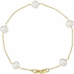 Brc1840 / Bracelet / Set / 14K Yellow / Pearl / Cultured White Freshwater Pearl / 5 Mm / 7 In / Polished / Cultured White Pearl Station Bracelet