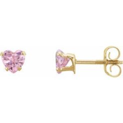 19132 / 14K Yellow / Set / Heart / Imitation Pink Cubic Zirconia / Pair / 4 X 3.5 Mm / Threaded / Threaded Backs Included / 4-Prong / Polished / Heart Earrings With Backs