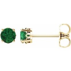 1924 / 14K Yellow / Set / Round / Lab-Grown Emerald / Pair / 4 Mm / Friction / Friction Backs Included / 4-Prong / Polished / Scroll Setting Stud Earrings