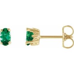 1920 / 14K Yellow / Set / Oval / Lab-Grown Emerald / Pair / 5 X 3 Mm / Friction / Friction Backs Included / 4-Prong / Polished / Scroll Setting Stud Earrings