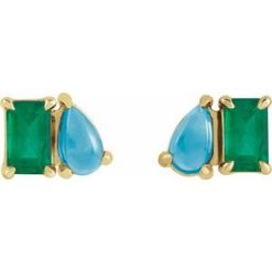 88705 / Earring / Set / Lab-Grown Emerald / Emerald / 5 X 3 Mm / 14K Yellow / Natural Turquoise / Pair / Friction Backs Included / Polished / Lab-Grown Emerald And Natural Turquoise Stud Earrings