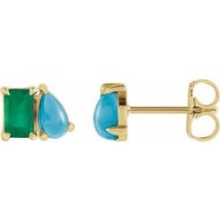88705 / Earring / Set / Lab-Grown Emerald / Emerald / 5 X 3 Mm / 14K Yellow / Natural Turquoise / Pair / Friction Backs Included / Polished / Lab-Grown Emerald And Natural Turquoise Stud Earrings