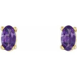 1920 / 14K Yellow / Set / Oval / Natural Amethyst / Pair / 5 X 3 Mm / Friction / Friction Backs Included / 4-Prong / Polished / Scroll Setting Stud Earrings