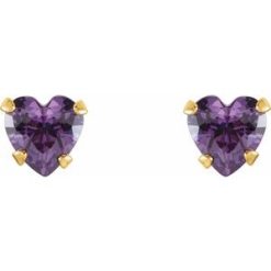 19132 / 14K Yellow / Set / Heart / Natural Amethyst / Pair / 4 X 4 Mm / Threaded / Threaded Backs Included / 4-Prong / Polished / Heart Earrings With Backs