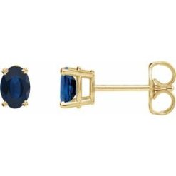 1870 / 14K Yellow / Set / Oval / Lab-Grown Blue Sapphire / Pair / 6 X 4 Mm / Friction / Friction Backs Included / 4-Prong / Polished / Lab-Grown Blue Sapphire 4-Prong Earrings