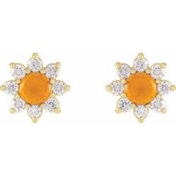 88035 / Earring / Set / Natural Citrine / Round / 3 Mm / 14K Yellow / Natural Diamond / Pair / Friction Backs Included / Polished / Natural Citrine And 1/8 Ctw Natural Diamond Cabochon Flower Earrings