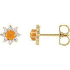 88035 / Earring / Set / Natural Citrine / Round / 3 Mm / 14K Yellow / Natural Diamond / Pair / Friction Backs Included / Polished / Natural Citrine And 1/8 Ctw Natural Diamond Cabochon Flower Earrings