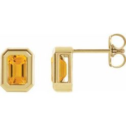 87364 / Earring / Set / Natural Citrine / Emerald / 5 X 3 Mm / 14K Yellow / Pair / Friction Backs Included / Polished / Solitaire Bezel-Set Earrings