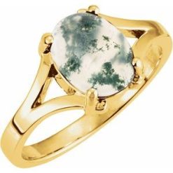 7653 / Ring / Set / 14K Yellow / Natural Moss Agate / Oval / 8 X 6 Mm / Polished / Moss Agate Cabochon Ring