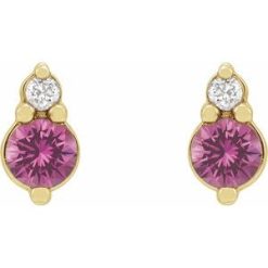 87692 / Earring / Set / Natural Pink Sapphire / Round / 3 Mm / 14K Yellow / Natural Diamond / Pair / Friction Backs Included / Polished / Natural Pink Sapphire And .03 Ctw Natural Diamond Earrings