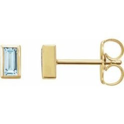 2000410 / 14K Yellow / Set / Straight Baguette / Natural Sky Blue Topaz / Pair / 4 X 2 Mm / Friction / Friction Backs Included / Bezel / Polished / Natural Sky Blue Topaz Bezel-Set Earrings