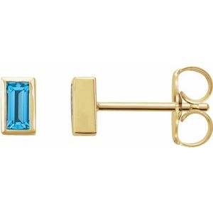 2000410 / 14K Yellow / Set / Straight Baguette / Natural Swiss Blue Topaz / Pair / 4 X 2 Mm / Friction / Friction Backs Included / Bezel / Polished / Natural Swiss Blue Topaz Bezel-Set Earrings