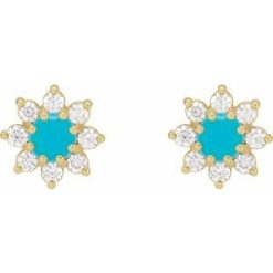 88035 / Earring / Set / Natural Turquoise / Round / 3 Mm / 14K Yellow / Natural Diamond / Pair / Friction Backs Included / Polished / Natural Turquoise And 1/8 Ctw Natural Diamond Cabochon Flower Earrings