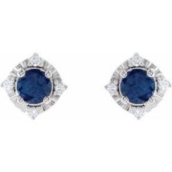 653713 / Earring / Set / Lab-Grown Blue Sapphire / Round / 4.5 Mm / Sterling Silver / Natural Diamond / Pair / Friction Backs Included / Polished / Lab-Grown Blue Sapphire And Natural Diamond Earrings