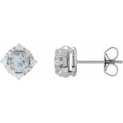 653713 / Earring / Set / Natural Aquamarine / Round / 4.5 Mm / Sterling Silver / Natural Diamond / Pair / Friction Backs Included / Polished / Aquamarine And .08 Ctw Natural Diamond Earrings